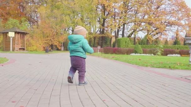 Divertente sorridente ragazzo di 1 anno che cammina nel parco al tramonto con il pane in mano. Happy Childhood Concept. Rallentatore
 - Filmati, video