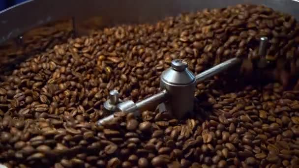 焙煎後のコーヒー豆の冷却。ロースティングマシンクローズアップ - 映像、動画