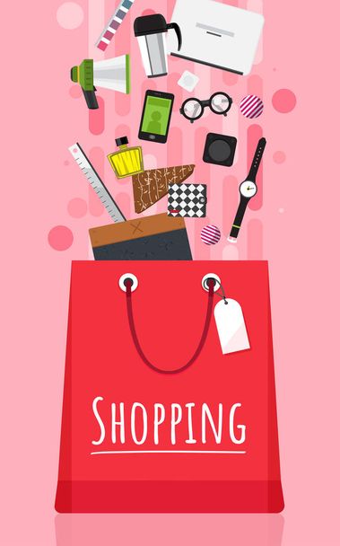 Bolsa de compras con artículos de moda, gadgets y ropa sobre fondo rosa
 - Vector, imagen