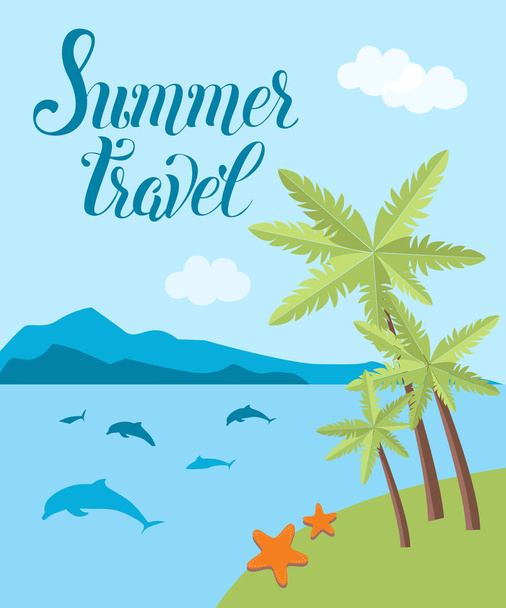 Summer travel vector card with palms, clouds,  sea, dolphins, st - Vektori, kuva