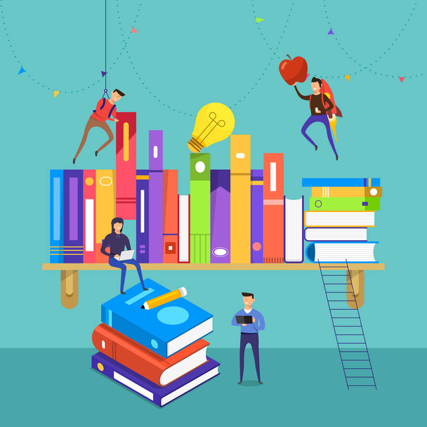 Flat design concept people teamwork develop knowledge on books a - Vector, Image