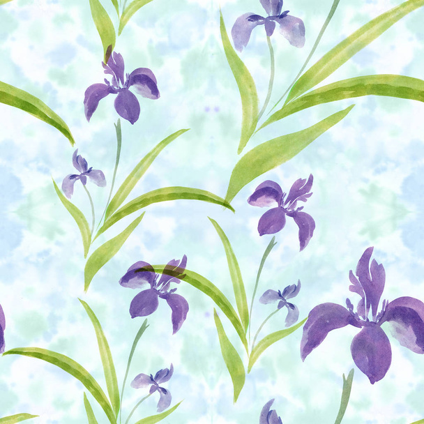 Flowers irises - watercolor. Decorative composition on a watercolor background. Seamless pattern.  - Photo, Image