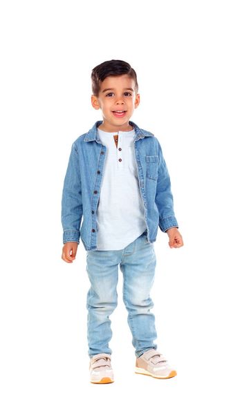 smiling little boy in denim clothes isolated on white background, full length - Φωτογραφία, εικόνα