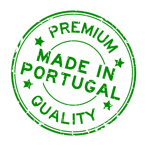 Grunge verde de primera calidad hecha en Portugal sello de goma redonda sobre fondo blanco
 - Vector, imagen