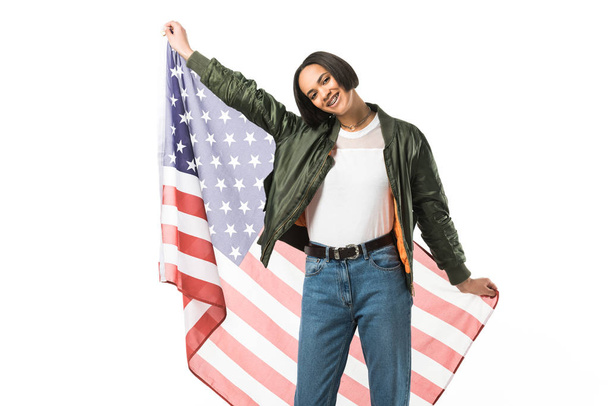 happy african american girl posing with united states flag,  isolated on white - Foto, afbeelding