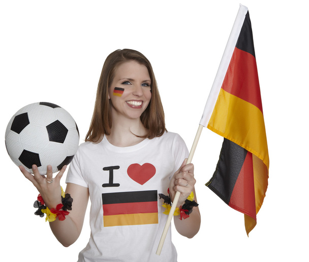 Жінка з німецький прапор і футбол - Фото, зображення