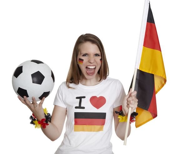 Femme avec drapeau allemand et football
 - Photo, image