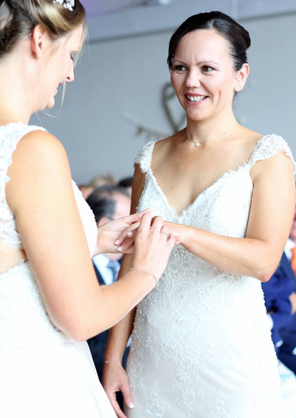 Dos hermosas novias el día de su boda del mismo sexo, diciendo sus votos de boda e intercambiando anillos, sonrientes y felices
  - Foto, imagen