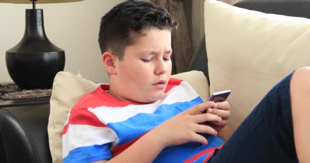 Portrait of a happy preteen boy sitting on sofa and using smartphone at home. Technology, internet communication and people concept, Smartphone addiction - Кадри, відео