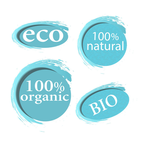 Etichette e adesivi blu eco, bio e biologici isolati su fondo bianco. Vettore
  - Vettoriali, immagini