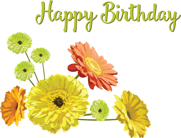 Card with a bouquet and congratulation HAPPY BIRTHDAY from flowe - Vector, Imagen