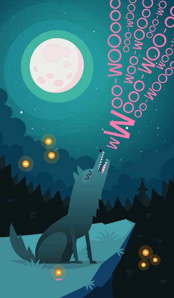 Cartoon wolf wowling on moon
 - Вектор,изображение
