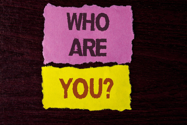 Writing note showing  Who Are You Question. Business photo showcasing Introduce or Identify Yourself Tell your Personal Story written on Tear Sticky Note Papers on the wooden background. - Photo, Image
