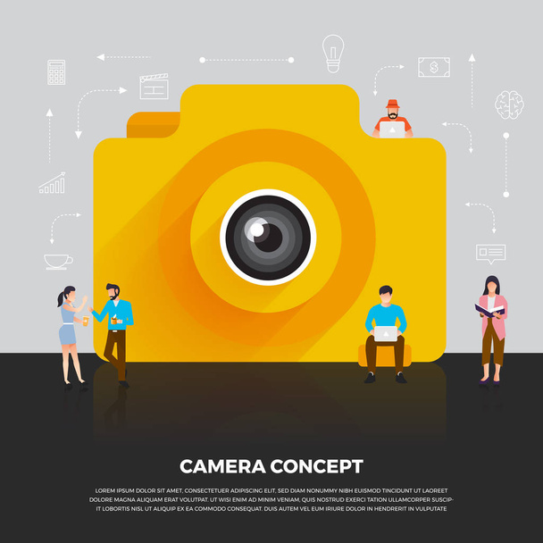 Conception plate caméra concept mobile. Les gens de groupe développent icône cam
 - Vecteur, image