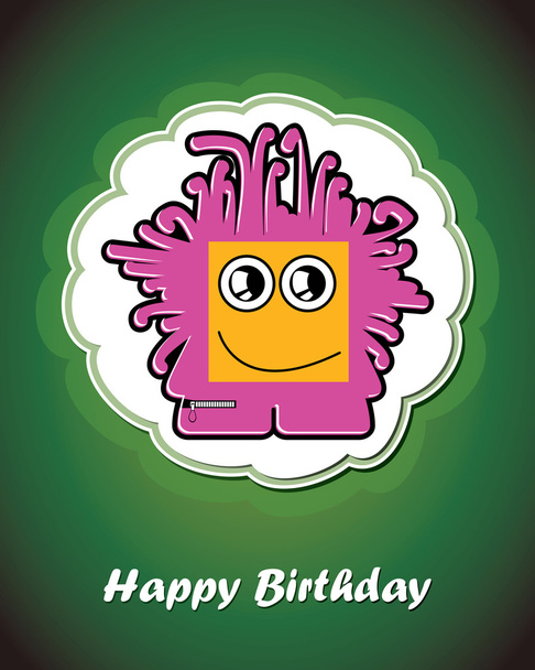 Happy birthday card with cute cartoon monster, vector - Vetor, Imagem