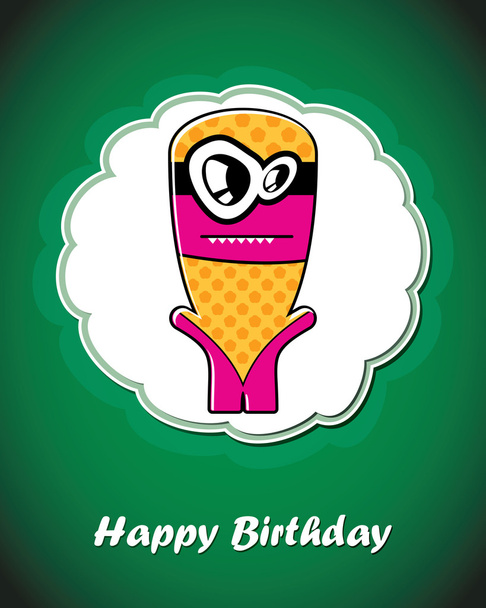 Happy birthday card with cute cartoon monster, vector - Vecteur, image