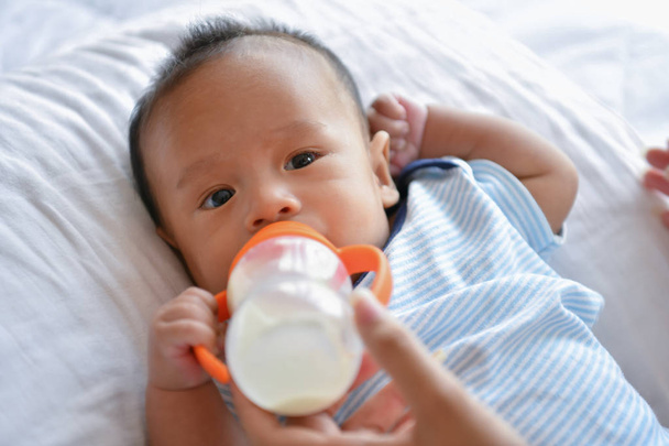 Newborn Concept. Mom is breastfeeding in the bedroom.  - Фото, изображение