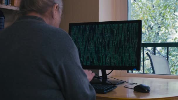 Öregasszony gépelés-ra egy számítógép zöld képernyő - Felvétel, videó