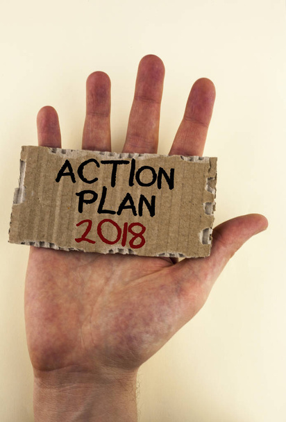 Σύνταξη σημείωσης δείχνει 2018 σχέδιο δράσης. Επαγγελματίες φωτογραφία προβάλλοντας να κάνει τον κατάλογο στο νέο έτος Πρωτοχρονιά ψήφισμα γκολ στόχους γραμμένο σε δάκρυ από χαρτόνι κομμάτι τοποθετείται στο χέρι στο απλό φόντο. - Φωτογραφία, εικόνα