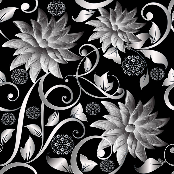 3d vintage silver flowers seamless pattern. Vector floral  - ベクター画像