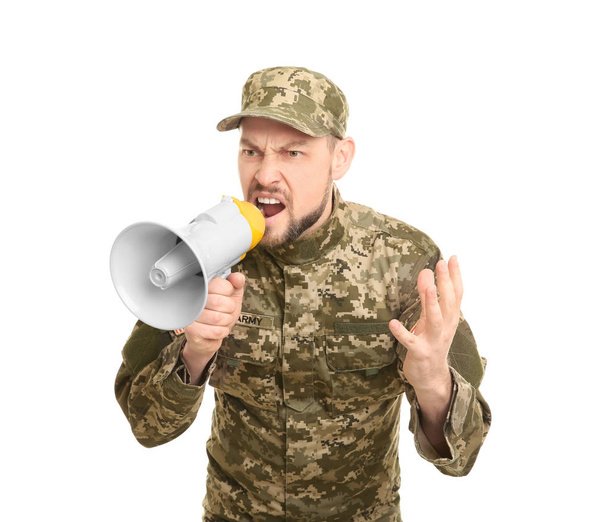 Military man shouting into megaphone on white background - Fotó, kép