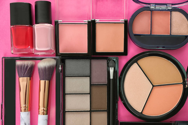 Flat lay composition with cosmetic products on color background - 写真・画像