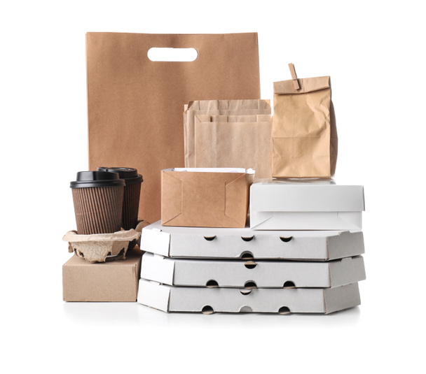 Different types of packages on white background. Food delivery service - Photo, Image