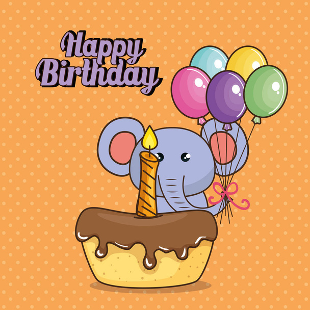 happy birthday card with cute elephant - Вектор, зображення