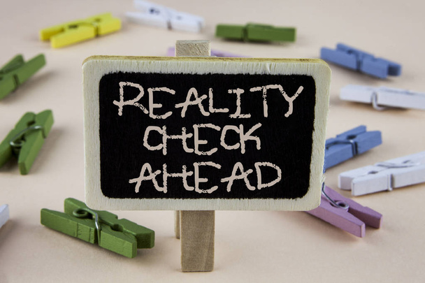 Conceptual hand writing showing Reality Check Ahead. Business photo showcasing Unveil truth knowing actuality avoid being sceptical written on Wooden Notice Board plain background Wooden Clips - Photo, Image
