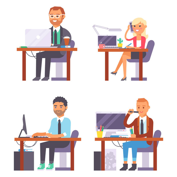 Векторні плоскі люди працюють місце бізнесмен працівник людина працює на ноутбуці за столом в офісі колега бізнес-леді і бізнесмен персонаж робоче місце комп'ютерна ілюстрація
 - Вектор, зображення