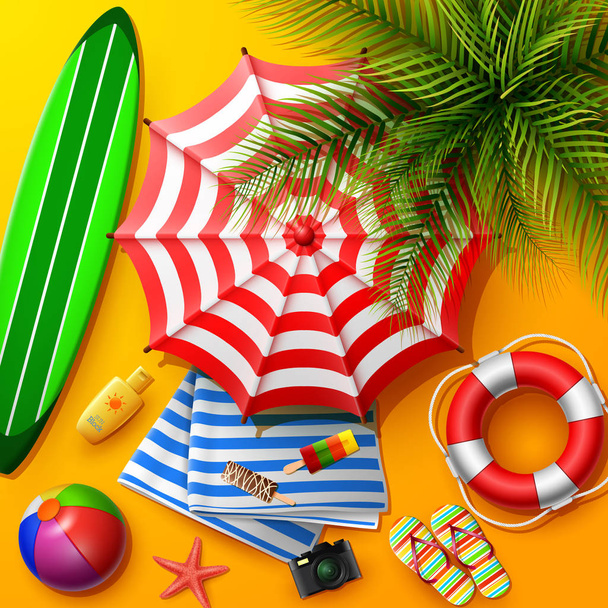 Fondo de vacaciones de verano en la arena amarilla de la playa. Vista superior de las colecciones de elementos de playa
 - Vector, Imagen