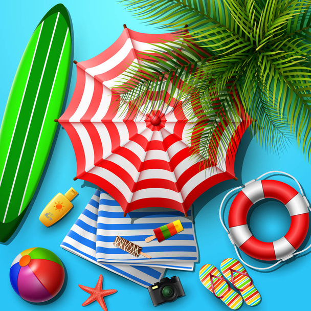Fondo de vacaciones de verano en la arena azul de la playa. Vista superior de las colecciones de elementos de playa
 - Vector, Imagen
