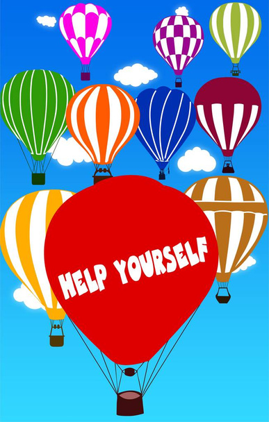 Help uzelf geschreven op hete luchtballon met een blauwe hemelachtergrond. - Foto, afbeelding