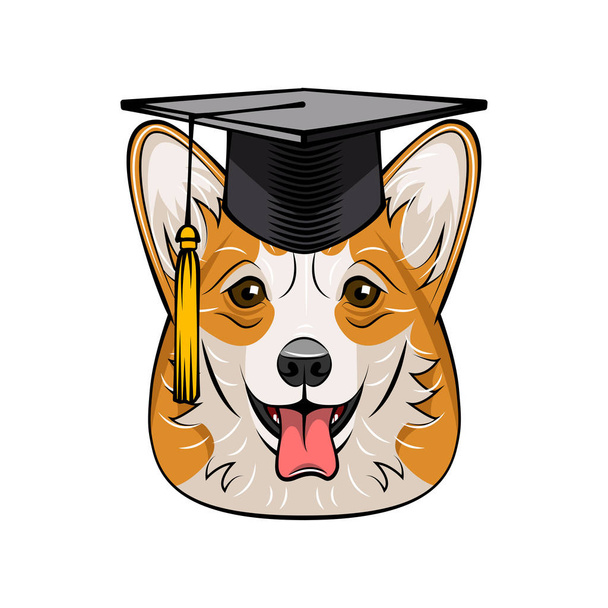 Welsh Corgi Dog Graduate. Graduation cap hat. Smiling dog. Dog breed. Vector. - Wektor, obraz