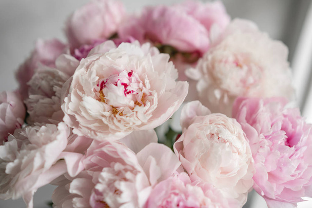 可愛くて素敵な牡丹。多くは花弁を階層化します。淡いピンクの牡丹の花の明るい灰色の背景を束します。縦の写真の壁紙 - 写真・画像