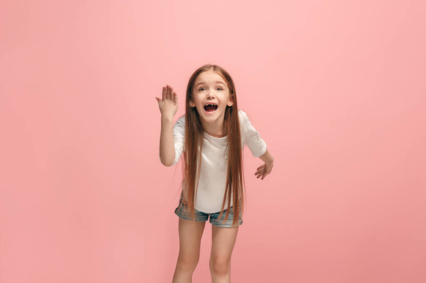 Beautiful female half-length portrait on pink studio backgroud. The young emotional teen girl - Foto, immagini
