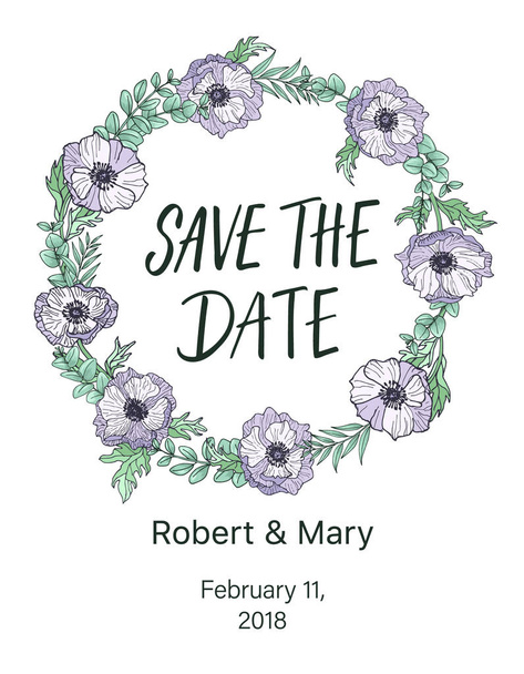 Save the date calligraphy in an anemone's wreath. - Vector, Image