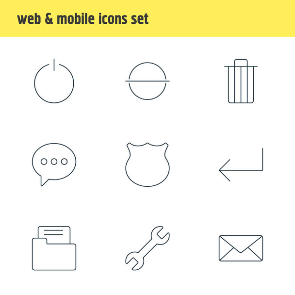 Vector illustration of 9 UI icons line style. Editable set of setting, shield, e-mail and other icon elements. - Vektori, kuva