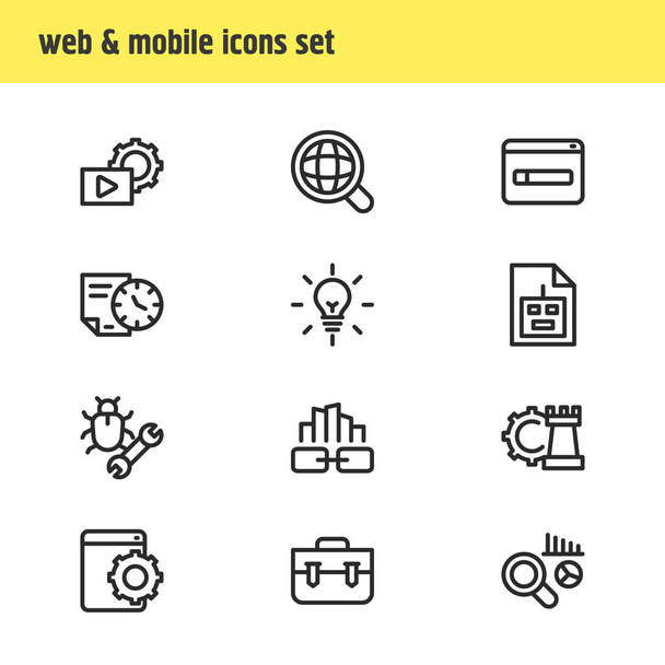 illustration of 12 advertising icons line style. Editable set of bug fixing, longtime contract, game developing and other icon elements. - Photo, image