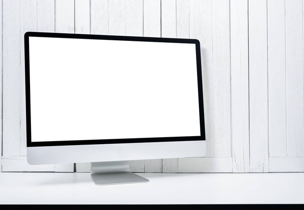 workplace background with Blank white screen modern desktop comp - Photo, Image