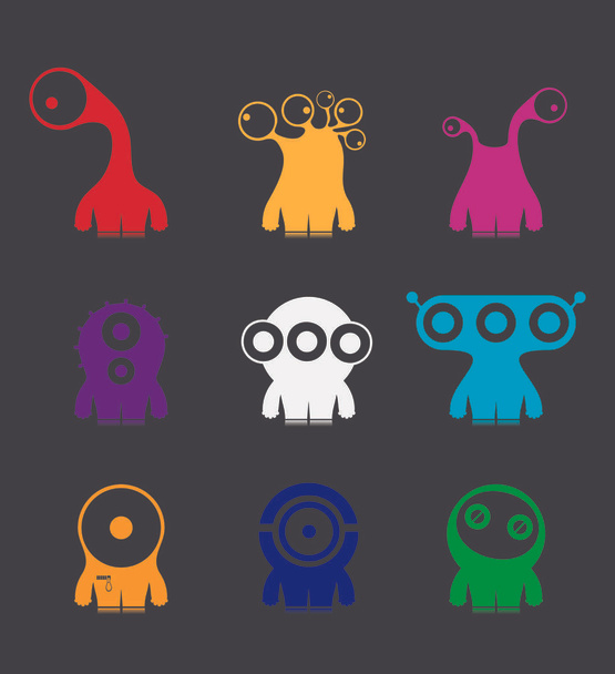 Set of nine cute color monsters on black background - Vector, Image