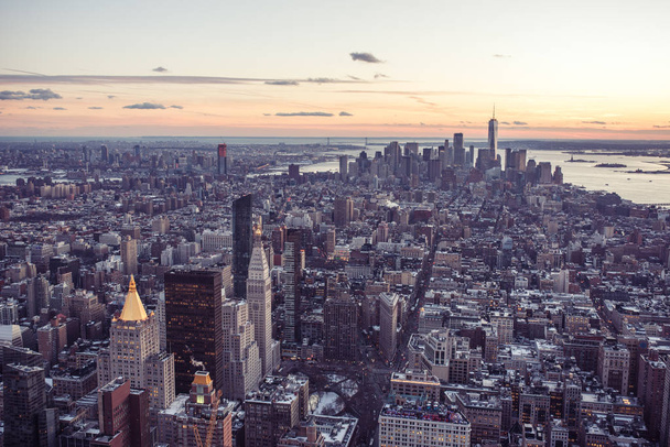 New York City - Manhattan downtown skyline skyscrapers at night and twilight. USA. - Photo, Image