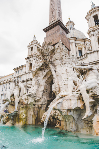 ROME, ITALY - 10 MARCH 2018: close-up shot of ancient Fountain of Four Rivers - Photo, Image