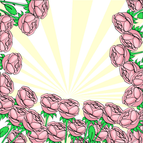 Pop Art Hintergrund, Sonnenstrahlen. am Rand der Rose. Blumen-Grußkarte. - Vektor, Bild