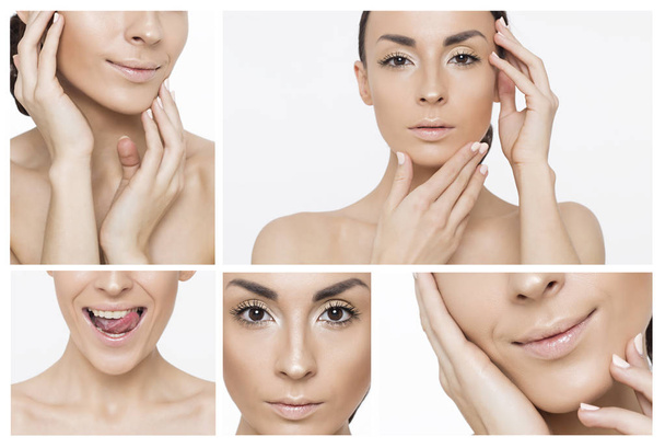 Part of face. Beauty woman collage. Portrait of a beautiful young smiling woman with fresh and clean skin. Skin care. Cosmetology. Women Health - Фото, зображення