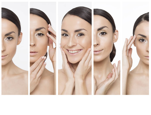 Beauty and spa collage. Collage of photo portraits of a beautiful smiling young woman with clean and fresh skin. Cosmetology. Makeup. Skin care. - Fotografie, Obrázek
