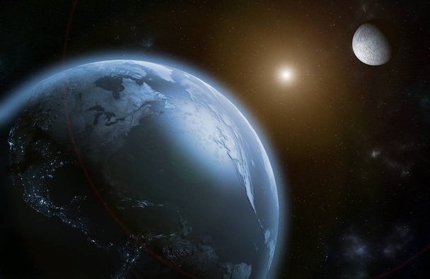 Ay ve Dünya'ya daha önce bir güneş tutulması 3D render - Fotoğraf, Görsel
