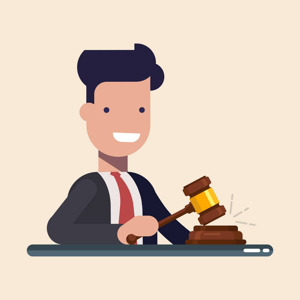 Business man or manager hold in hands Gavel justice symbol. Flat vector illustration in cartoon style isolated on blue background. - Vector, Image