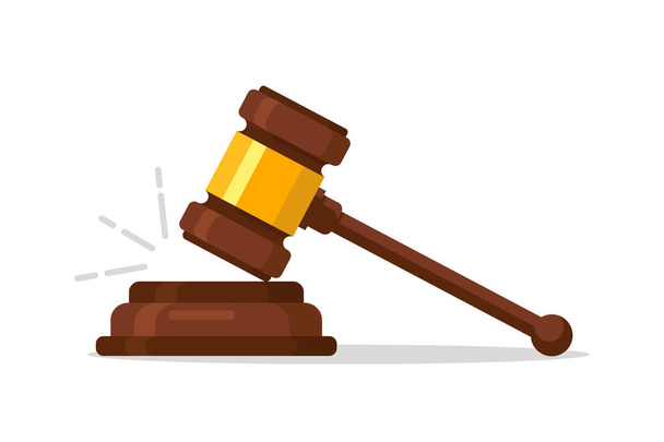 Sędzia drewna Hammer aukcji, wyrok. Uroczyste sędzia drewniany młotek przewodniczącego z uchwytem kręcone, dla rozstrzygnięcia zdań i rachunki, Trybunał Sprawiedliwości, na drewnianej podstawce. - Wektor, obraz