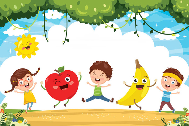 Illustration vectorielle d'enfants et de caractères fruitiers
 - Vecteur, image